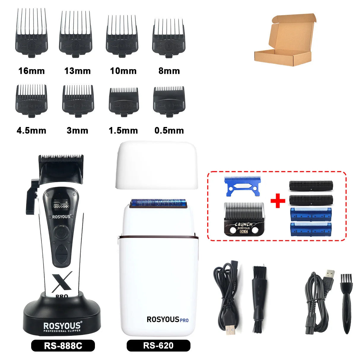 ROSYOUS 888C Professional Bold Hair Cut Machine 8000RPM DLC Blade Base Charger External Rotor Brushless Motor Men's Hair Clipper