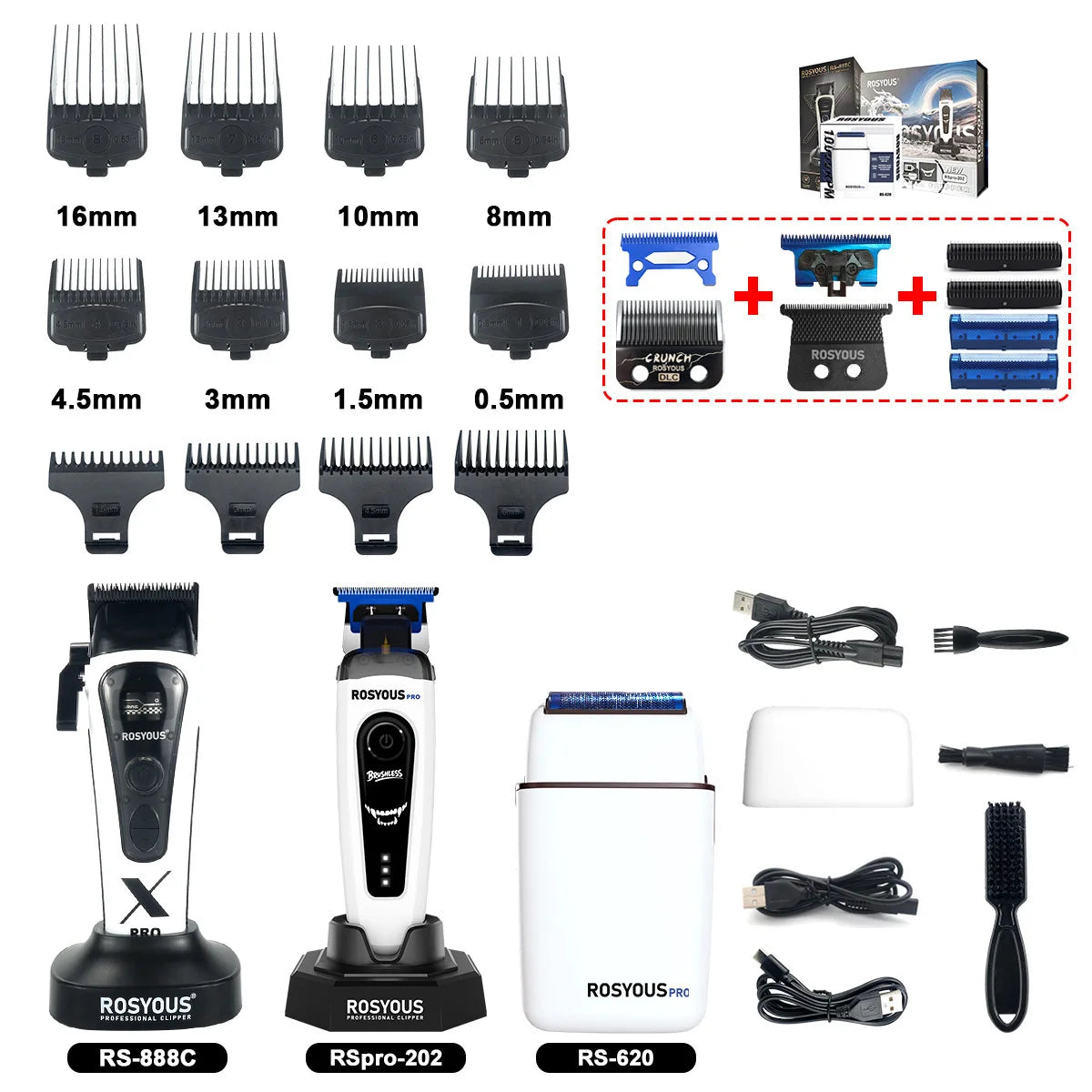 ROSYOUS 888C Professional Bold Hair Cut Machine 8000RPM DLC Blade Base Charger External Rotor Brushless Motor Men's Hair Clipper