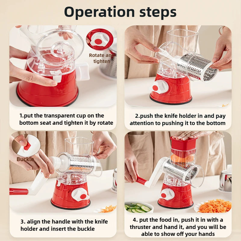 Hot selling 3-in-1 manual vegetable cutting machine with 3 sharp rollers, cheese, potatoes, garlic, kitchen cooking accessories