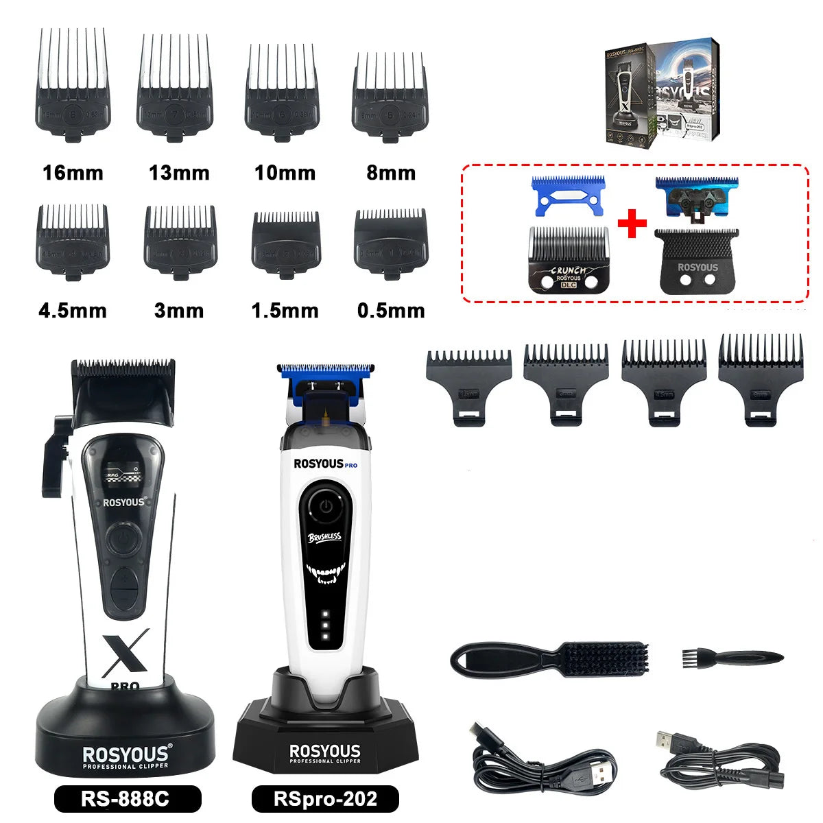 ROSYOUS 888C Professional Bold Hair Cut Machine 8000RPM DLC Blade Base Charger External Rotor Brushless Motor Men's Hair Clipper