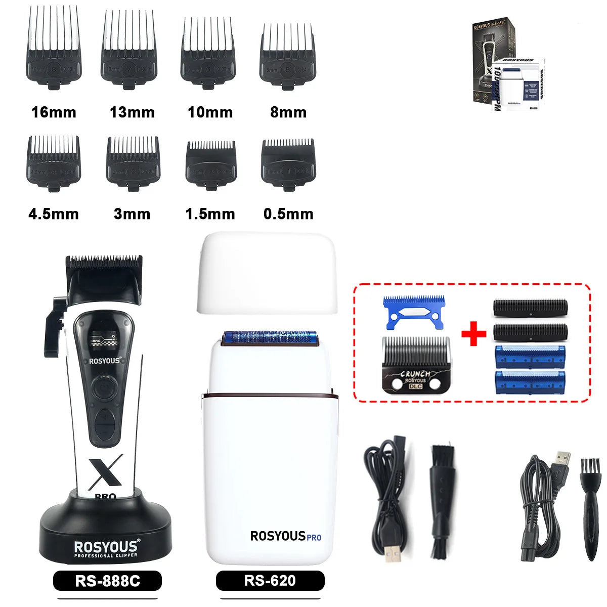ROSYOUS 888C Professional Bold Hair Cut Machine 8000RPM DLC Blade Base Charger External Rotor Brushless Motor Men's Hair Clipper