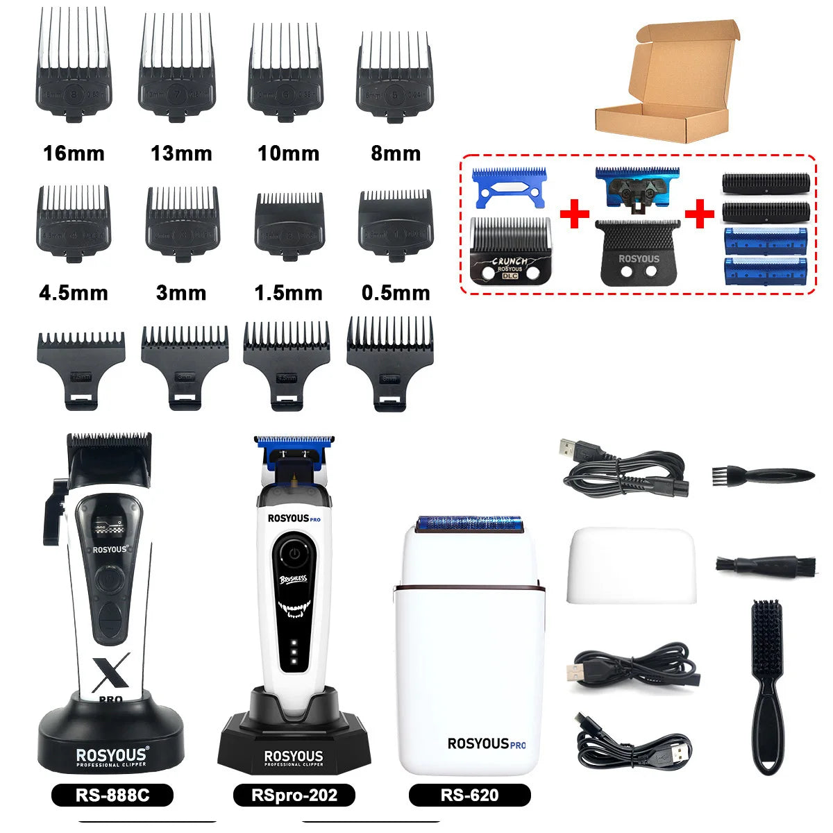 ROSYOUS 888C Professional Bold Hair Cut Machine 8000RPM DLC Blade Base Charger External Rotor Brushless Motor Men's Hair Clipper