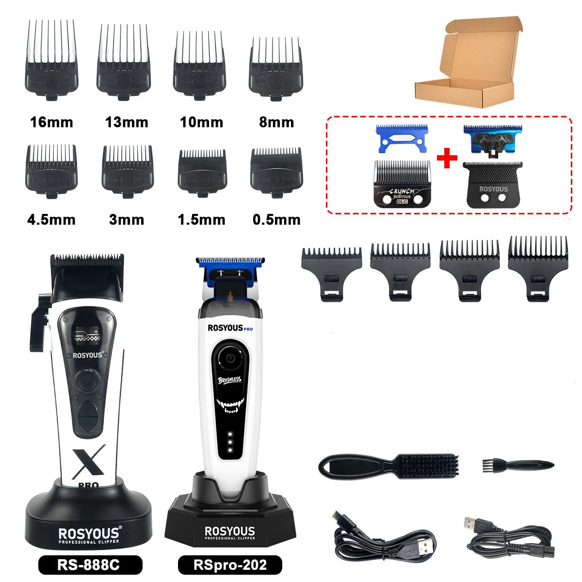 ROSYOUS 888C Professional Bold Hair Cut Machine 8000RPM DLC Blade Base Charger External Rotor Brushless Motor Men's Hair Clipper
