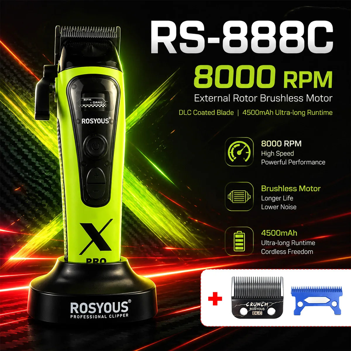 ROSYOUS 888C Professional Bold Hair Cut Machine 8000RPM DLC Blade Base Charger External Rotor Brushless Motor Men's Hair Clipper