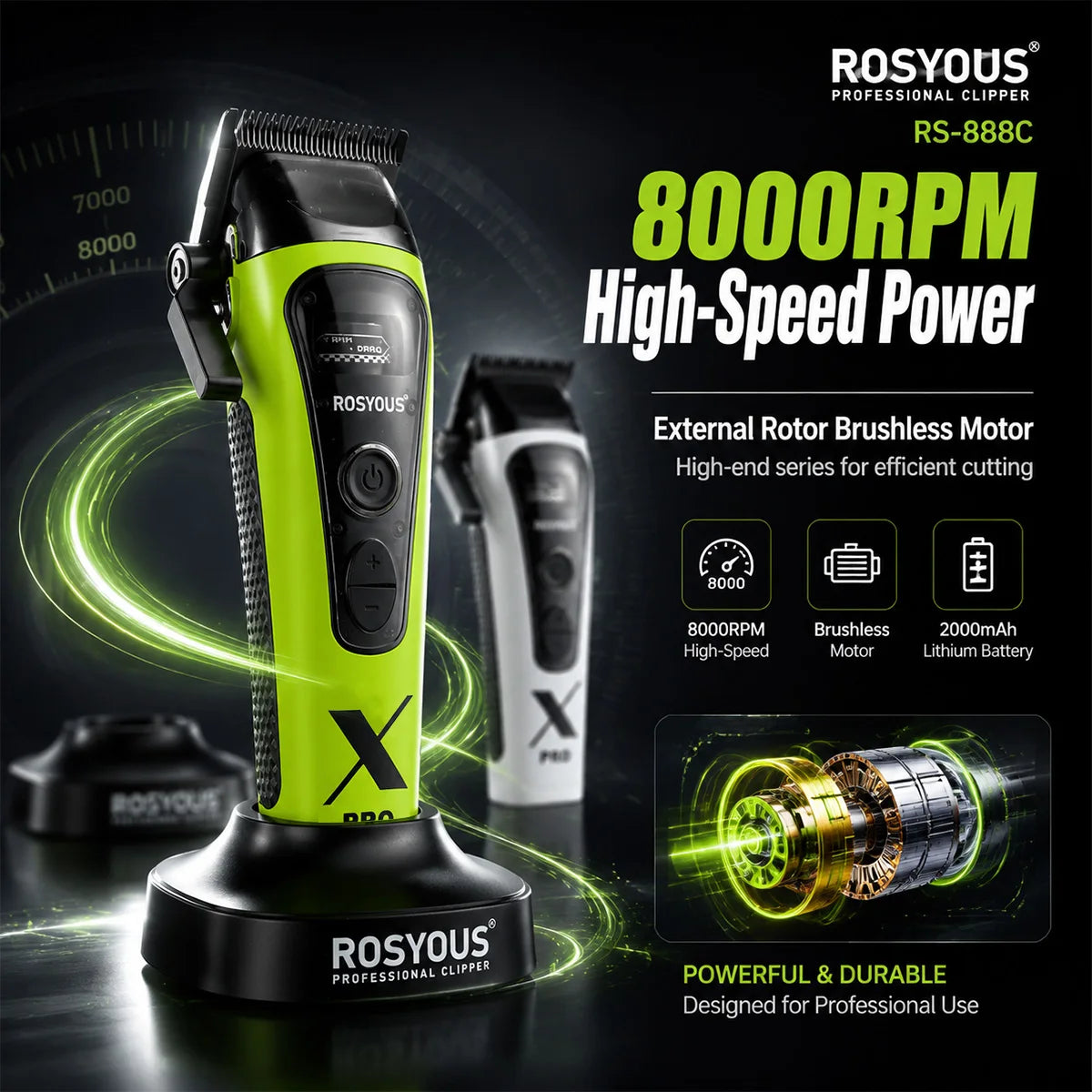ROSYOUS 888C Professional Bold Hair Cut Machine 8000RPM DLC Blade Base Charger External Rotor Brushless Motor Men's Hair Clipper