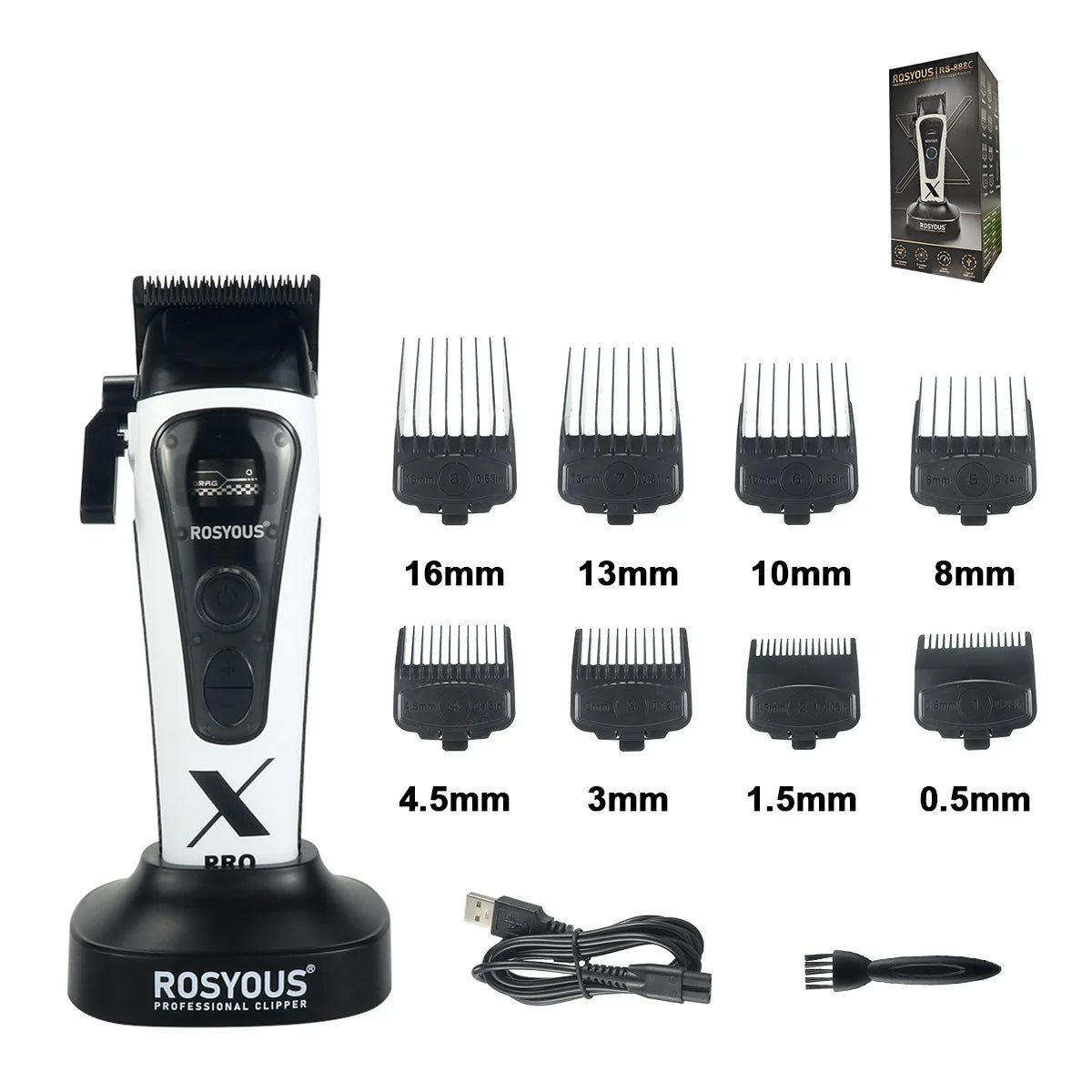 ROSYOUS 888C Professional Bold Hair Cut Machine 8000RPM DLC Blade Base Charger External Rotor Brushless Motor Men's Hair Clipper