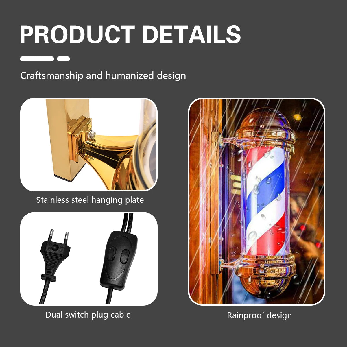 27inch Hair Salon Pole Light Hairdressing LED Sign Wall Mounted Red White Blue Stripes Light Barbershop Rotating Open Sign