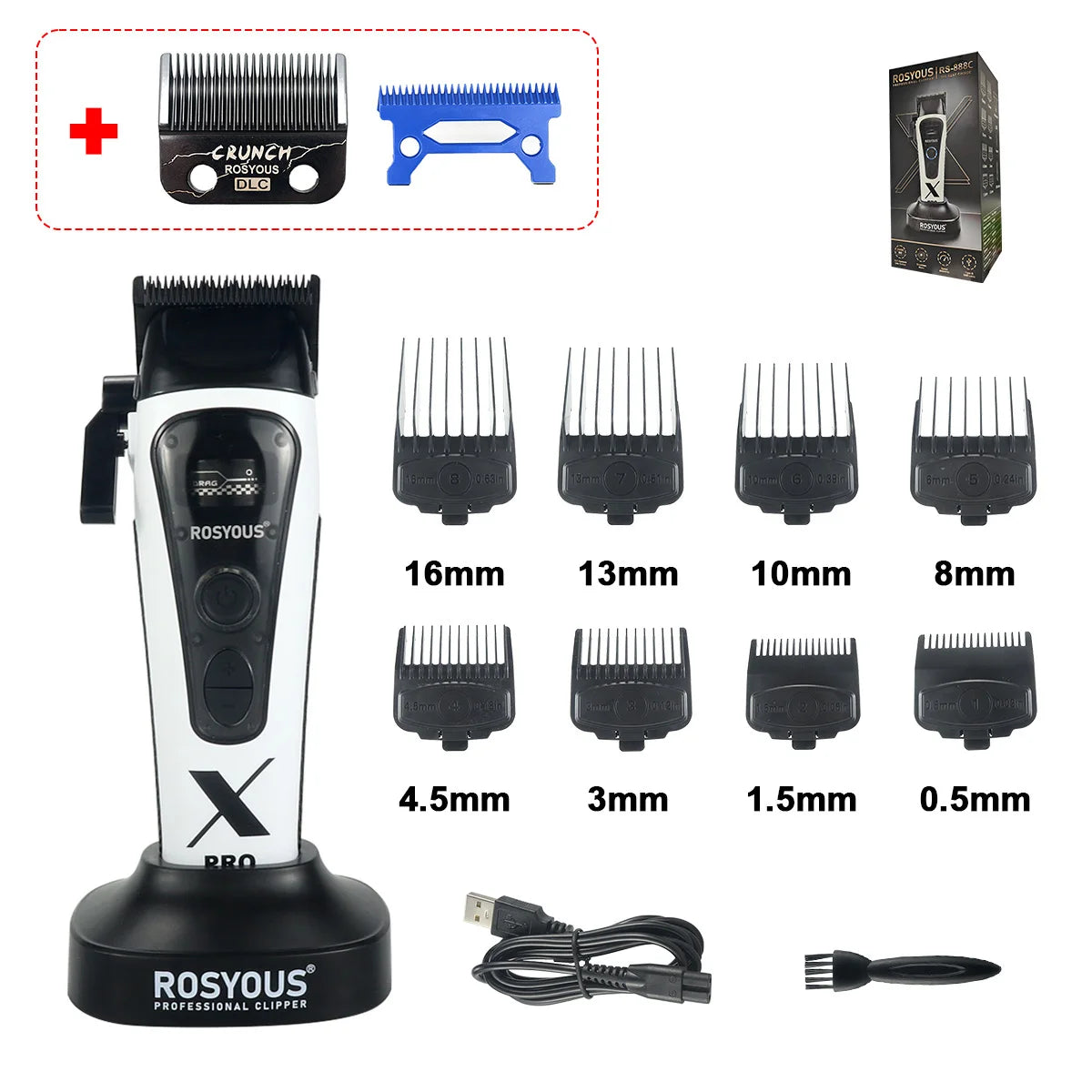 ROSYOUS 888C Professional Bold Hair Cut Machine 8000RPM DLC Blade Base Charger External Rotor Brushless Motor Men's Hair Clipper