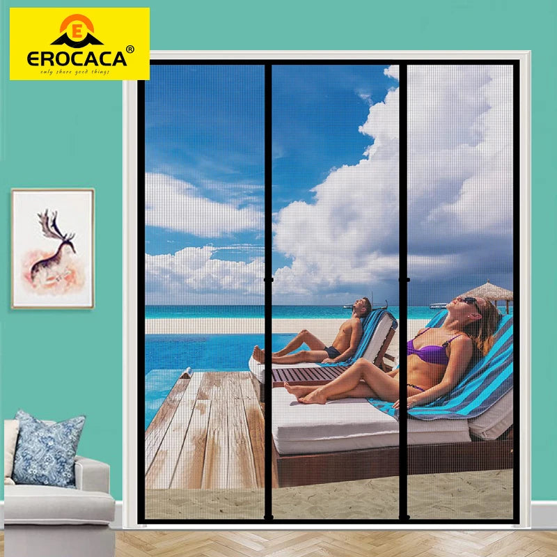EROCACA Black Magnetic Screen Door Double Opening Mosquito Mesh Net Curtain with Magnet Hands Free Entry Great for Pet and Kid