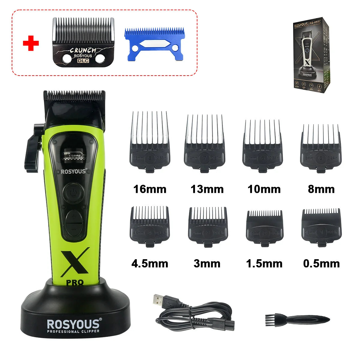 ROSYOUS 888C Professional Bold Hair Cut Machine 8000RPM DLC Blade Base Charger External Rotor Brushless Motor Men's Hair Clipper