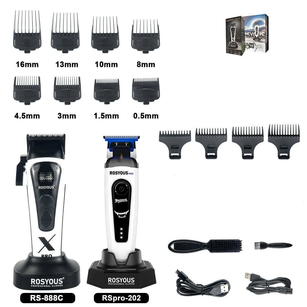 ROSYOUS 888C Professional Bold Hair Cut Machine 8000RPM DLC Blade Base Charger External Rotor Brushless Motor Men's Hair Clipper