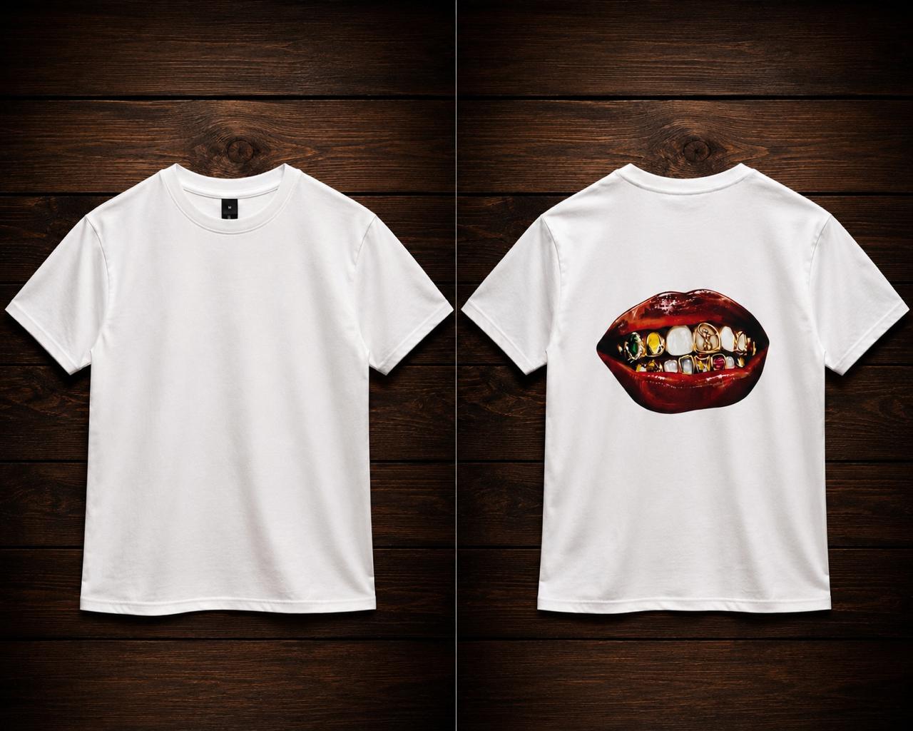 Camiseta Oversize Grillz Lips - Blanca frente y espalda